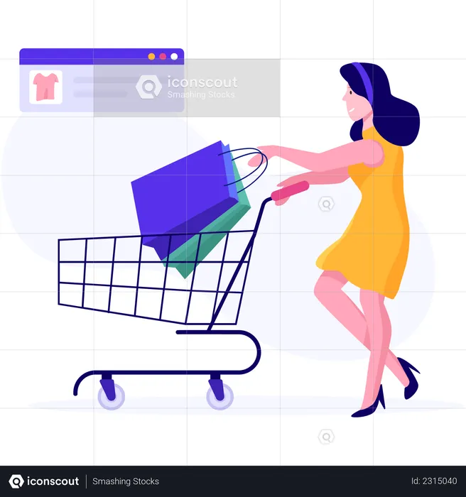 Mulher adicionando produtos no carrinho enquanto faz compras on-line  Ilustração