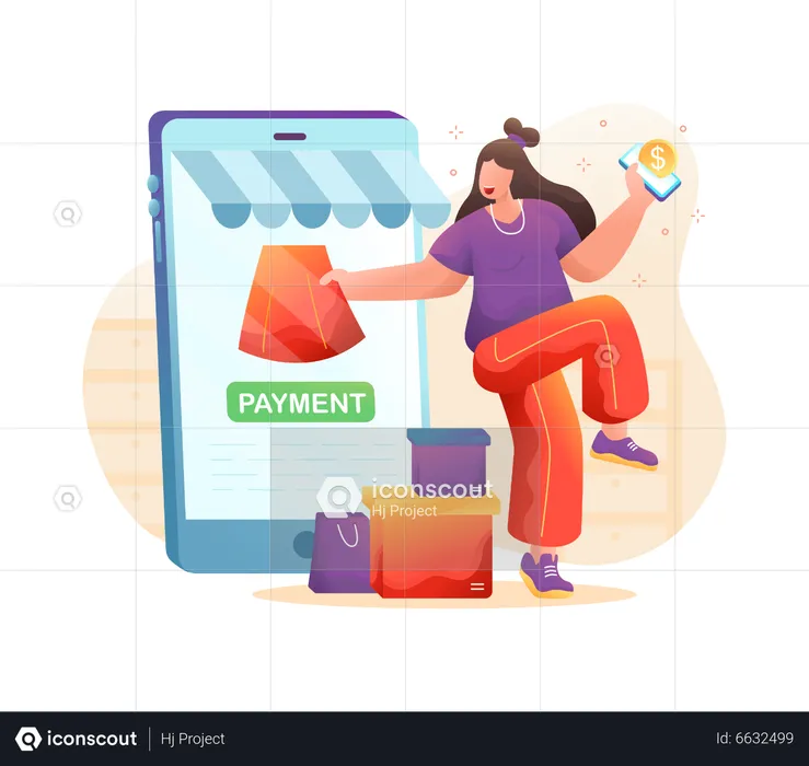 Mulher adora fazer compras online  Ilustração