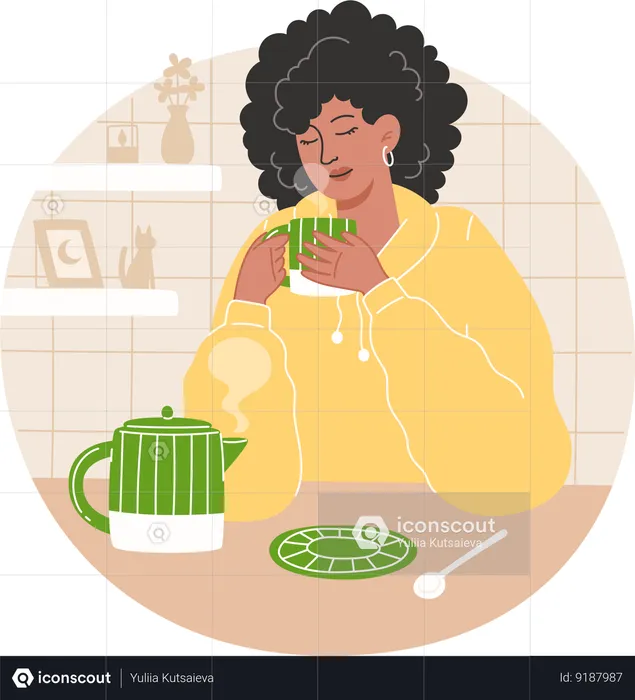 Mulher afro-americana tomando chá em uma cozinha aconchegante  Ilustração