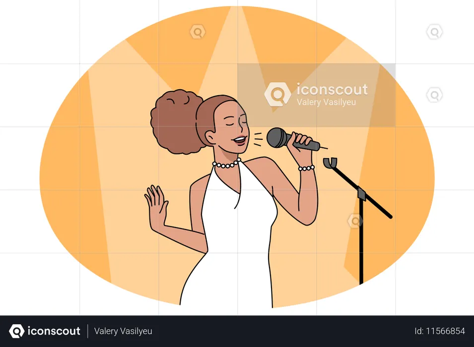 Mulher afro-americana cantando no palco  Ilustração