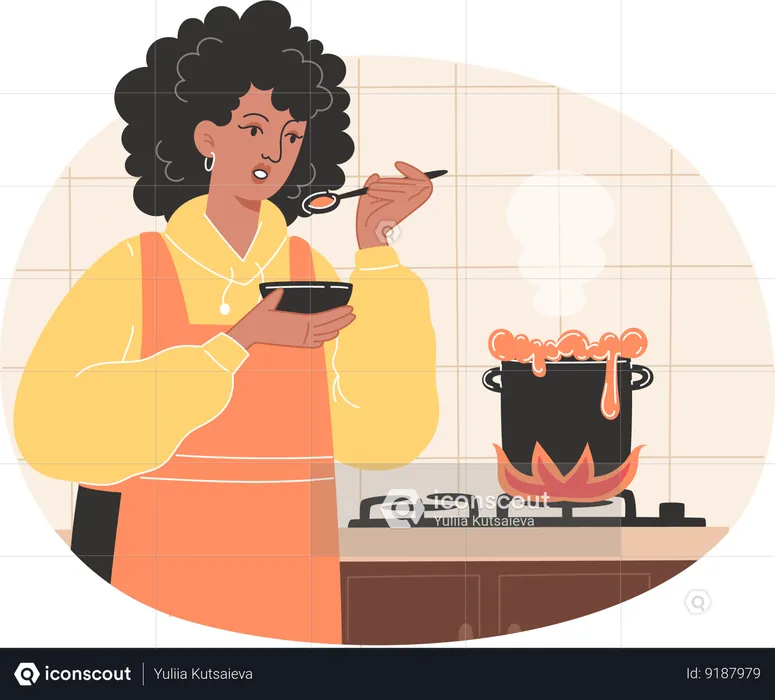 Mulher afro-americana cozinhando sopa em uma cozinha aconchegante  Ilustração