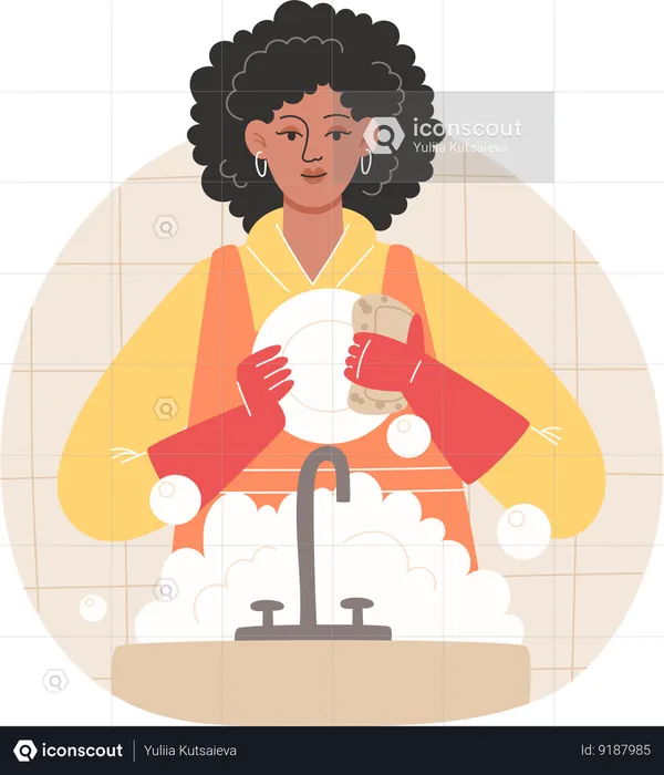 Mulher afro-americana lavando pratos em uma cozinha aconchegante  Ilustração