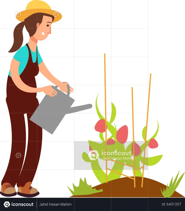 Agricultora regando planta  Ilustração