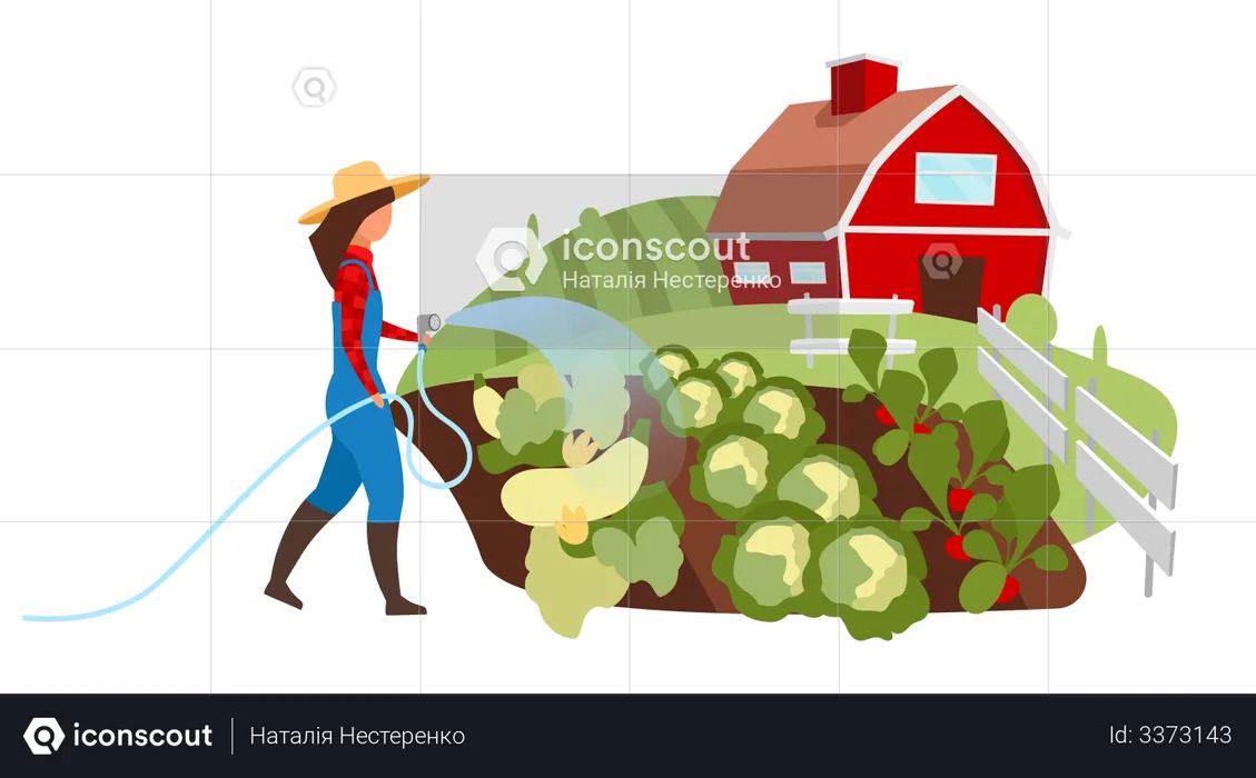 Agricultora regando horta  Ilustração