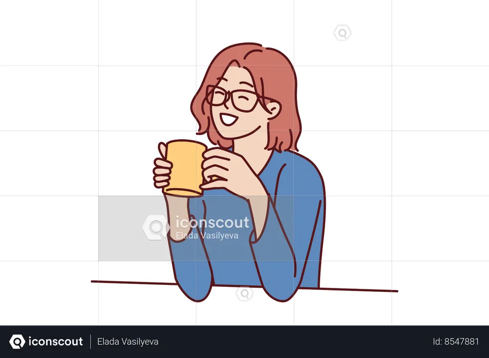 Mulher alegre segurando uma caneca de café, sentada à mesa e sorrindo, lembrando momentos felizes da vida  Ilustração