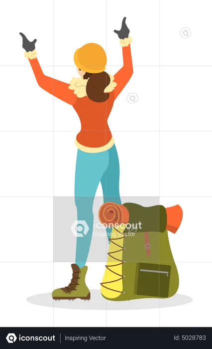 Mulher alpinista em roupas especiais de inverno com mochila  Ilustração