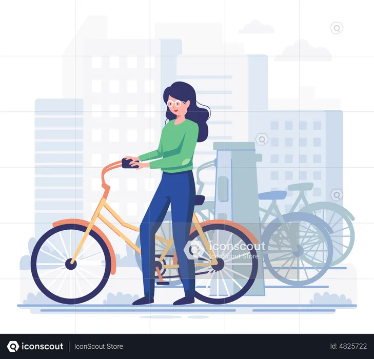 Mulher pegando bicicleta para alugar  Ilustração