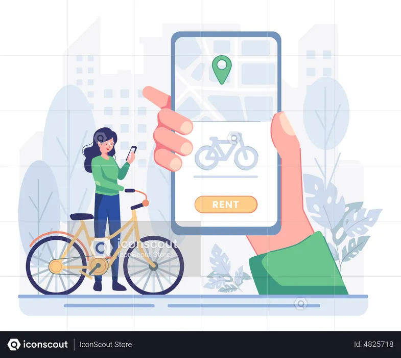 Mulher alugando bicicleta no aplicativo de aluguel de bicicletas  Ilustração