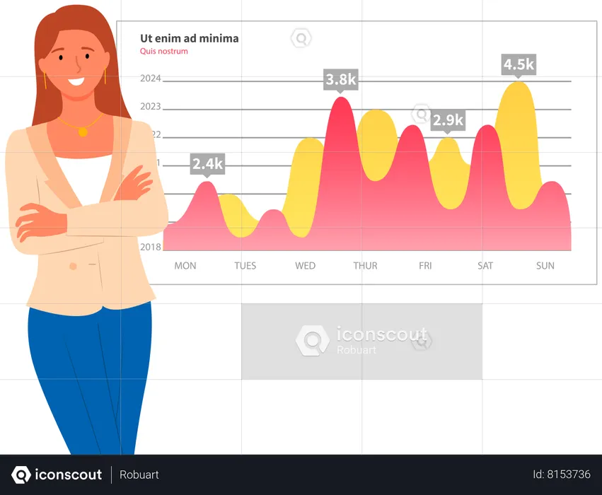 Mulher analisa relatório digital com estatísticas  Ilustração