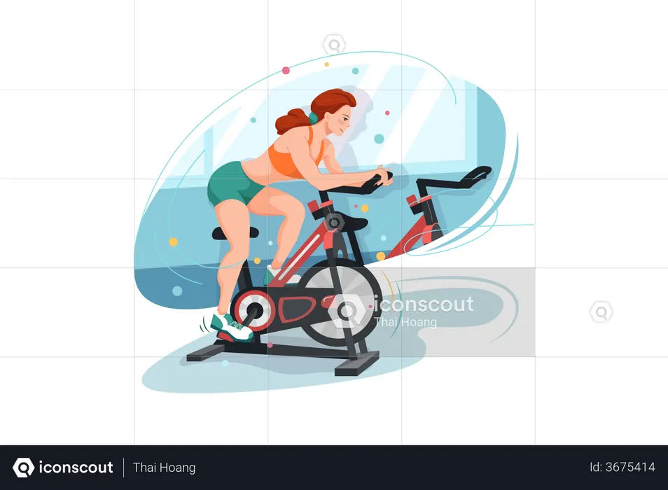 Mulher fazendo ciclismo na academia  Ilustração
