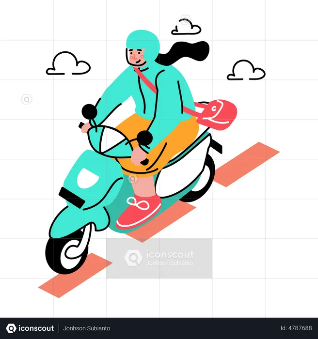 Mulher andando de moto em turnê  Ilustração