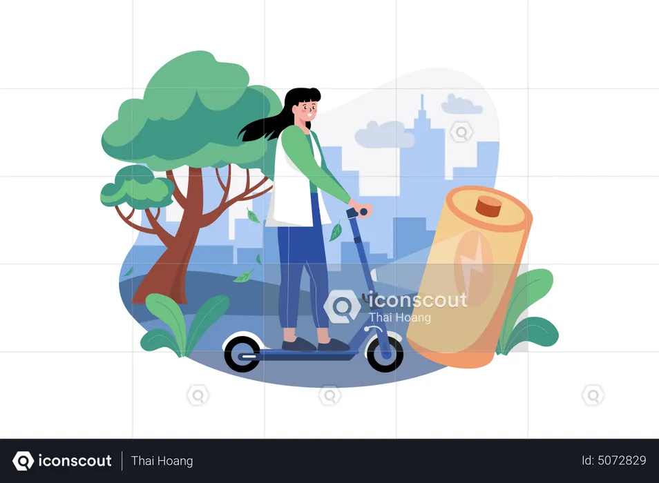 Mulher andando de scooter em veículo eletrônico  Ilustração