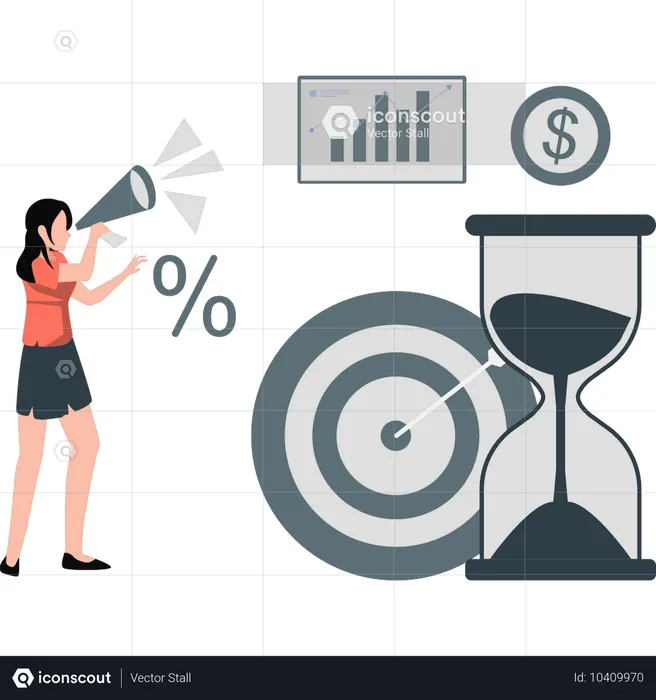 Mulher anunciando sobre meta financeira  Ilustração