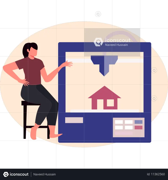 Mulher apontando casa de impressão 3D  Ilustração