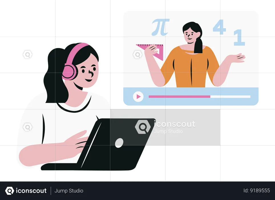 Mulher aprende on-line com computador tablet  Ilustração