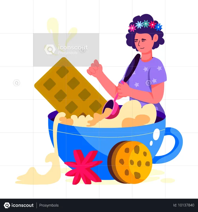 Mulher desfruta de bebida de chocolate  Ilustração