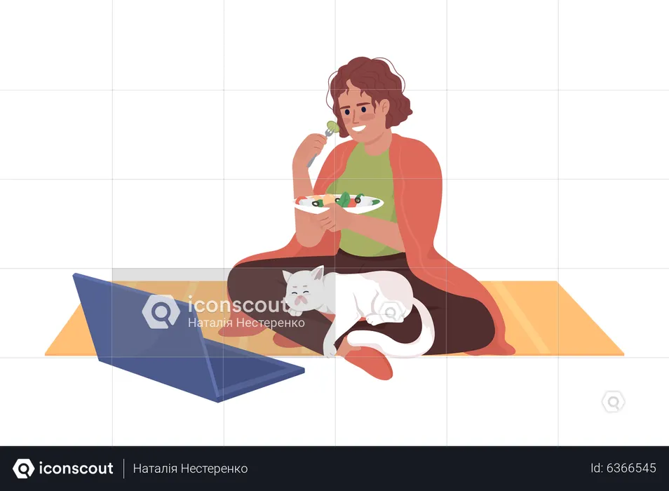 Mulher assistindo programas de TV no laptop e comendo salada  Ilustração