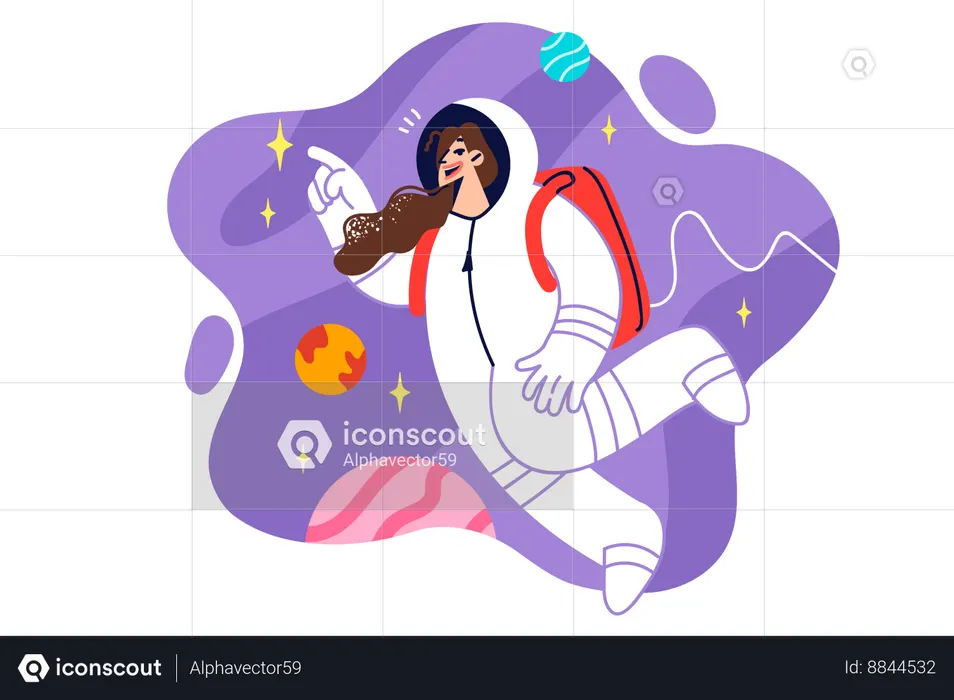 Mulher astronauta em traje espacial voa em gravidade zero  Ilustração