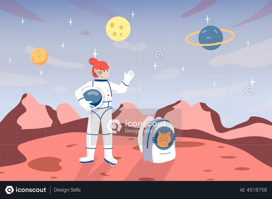 Astronauta mulher na superfície do planeta  Ilustração