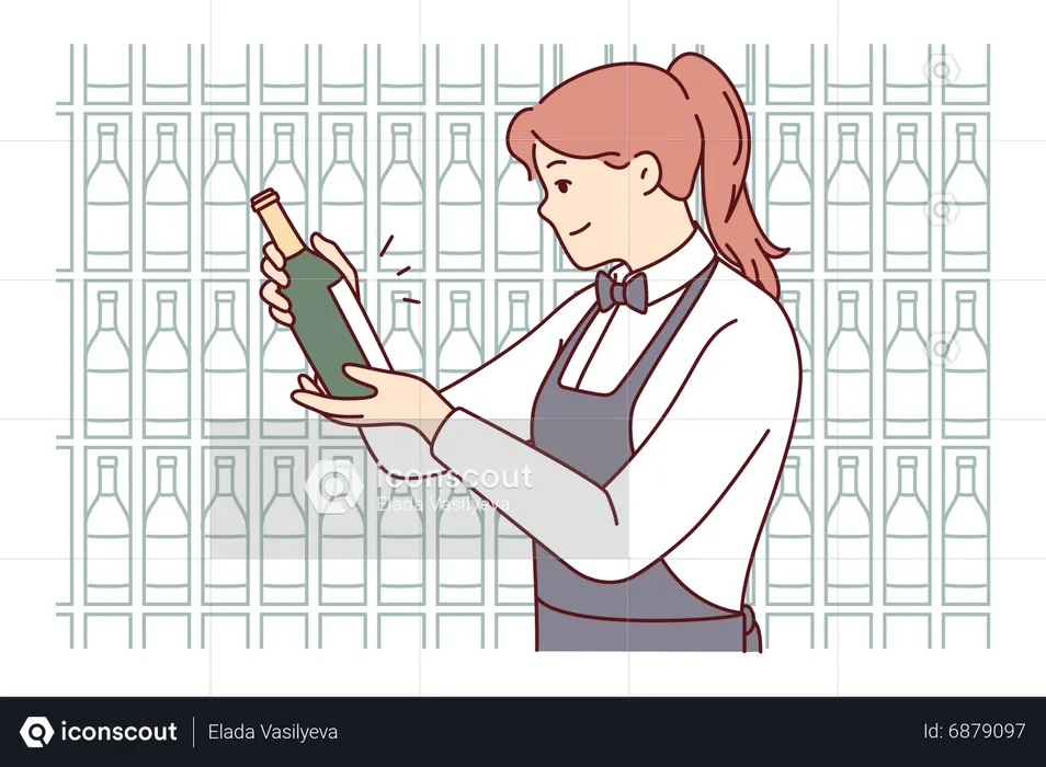 Barman feminino servindo garrafa de vinho  Ilustração