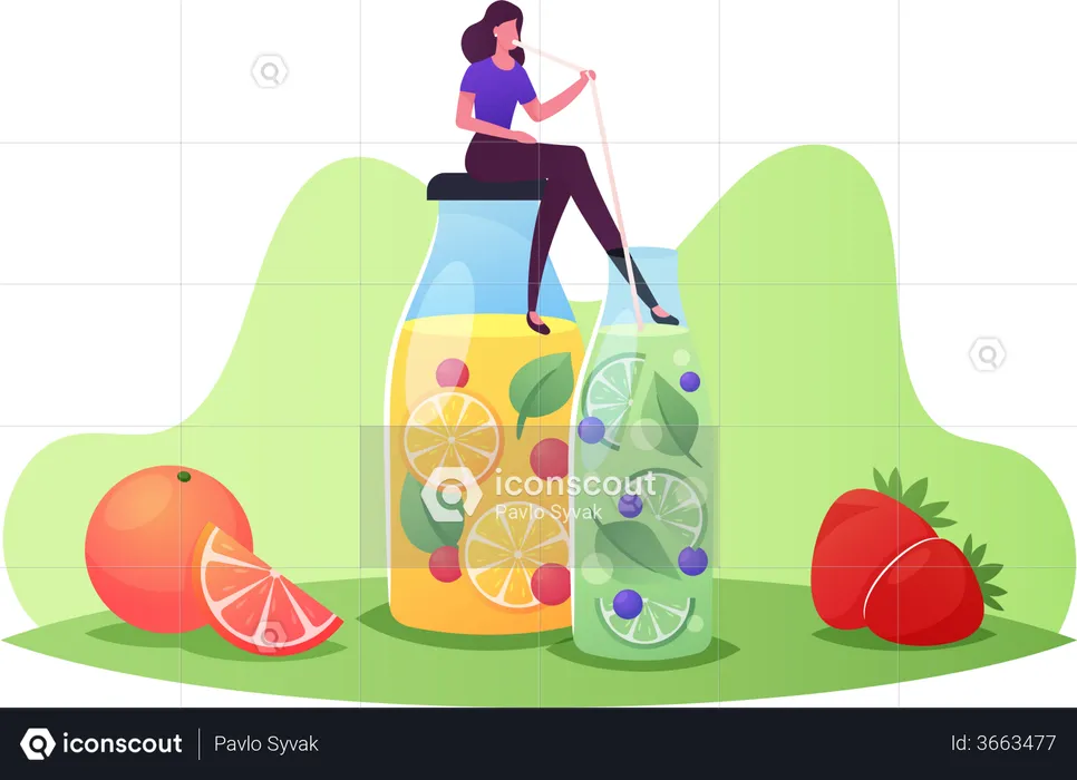 Mulher bebendo suco de frutas frescas  Ilustração