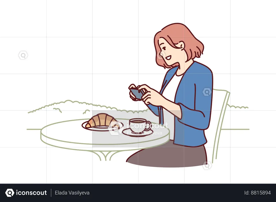 Mulher blogueira tira fotos croissant de café da manhã  Ilustração