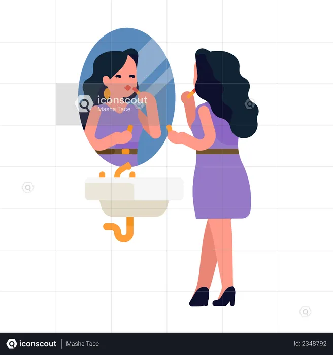 Mulher bonita aplicando batom na frente de um espelho do banheiro  Ilustração