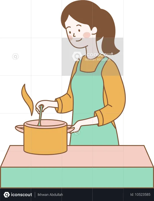 Mulher bonita está cozinhando com panela na cozinha  Ilustração