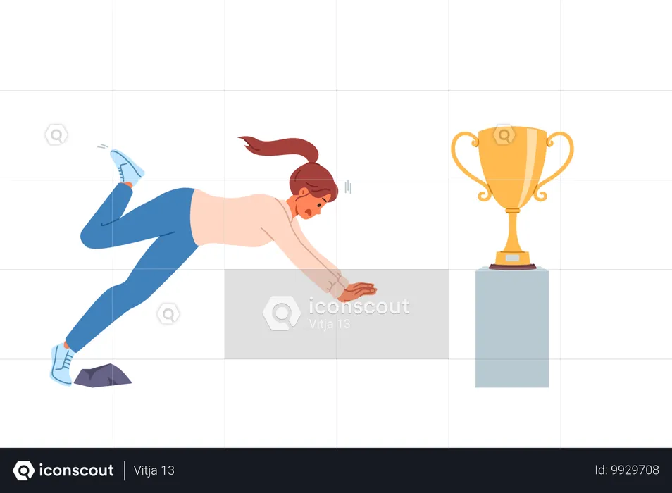 Mulher cai no caminho do sucesso e falha no desejo de obter taça de ouro simbolizando liderança  Ilustração