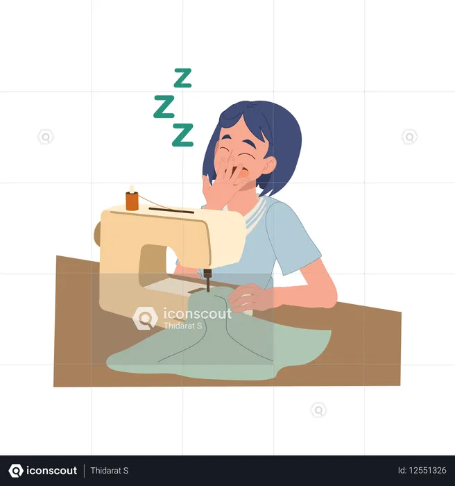 Mulher cansada trabalha até tarde costurando com máquina, parecendo sonolenta e fatigada após longas horas em estúdio doméstico  Ilustração