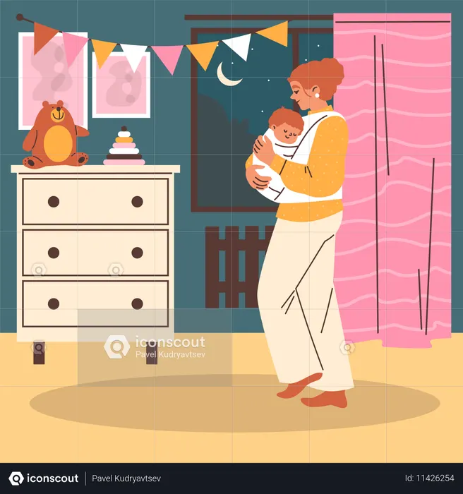 Mulher carrega seu filho para a cama  Ilustração