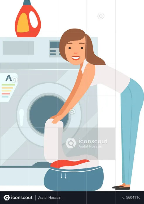 Mulher carregando máquina de lavar para limpar roupas  Ilustração