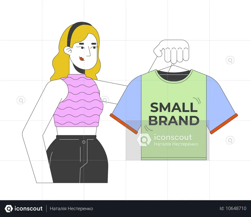 Mulher caucasiana comprando uma pequena camiseta de marca  Ilustração