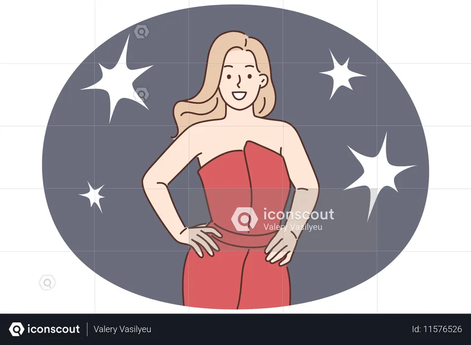 Mulher famosa posa para repórteres em traje de noite durante festival de cinema ou cerimônia de premiação  Ilustração