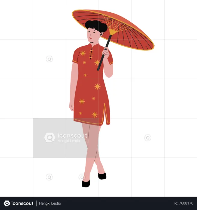 Mulher chinesa no tradicional vestido vermelho qipao  Ilustração