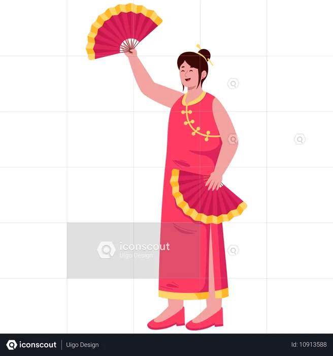 Mulher chinesa segurando leque de mão  Ilustração