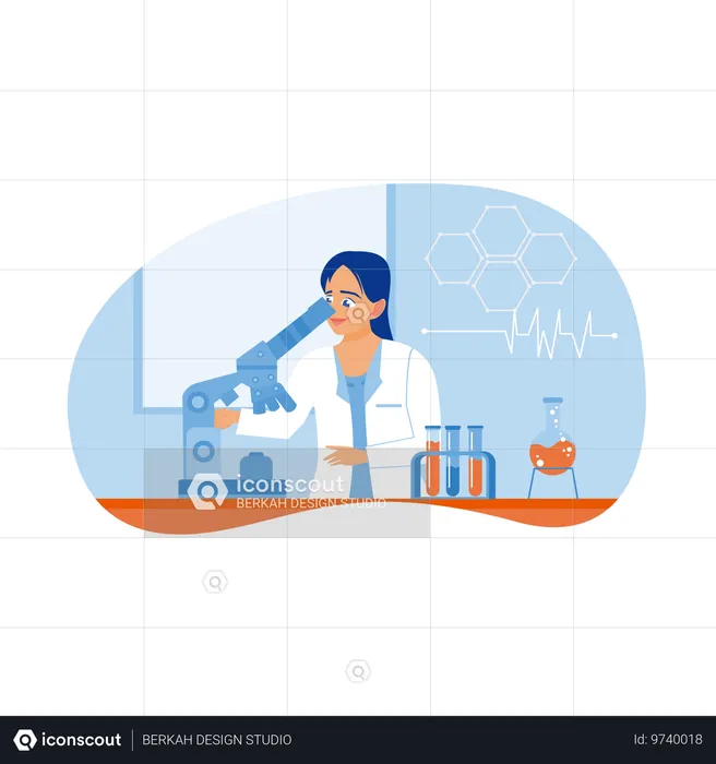 Cientista feminina olhando para objeto de pesquisa usando microscópio em laboratório  Ilustração