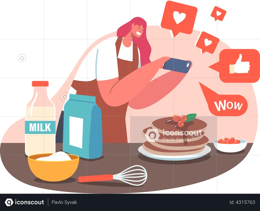 Mulher clicando na foto de um alimento para publicá-la nas redes sociais  Ilustração