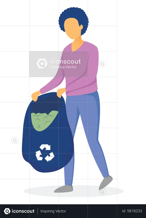 Mulher coletando resíduos em saco de lixo  Ilustração