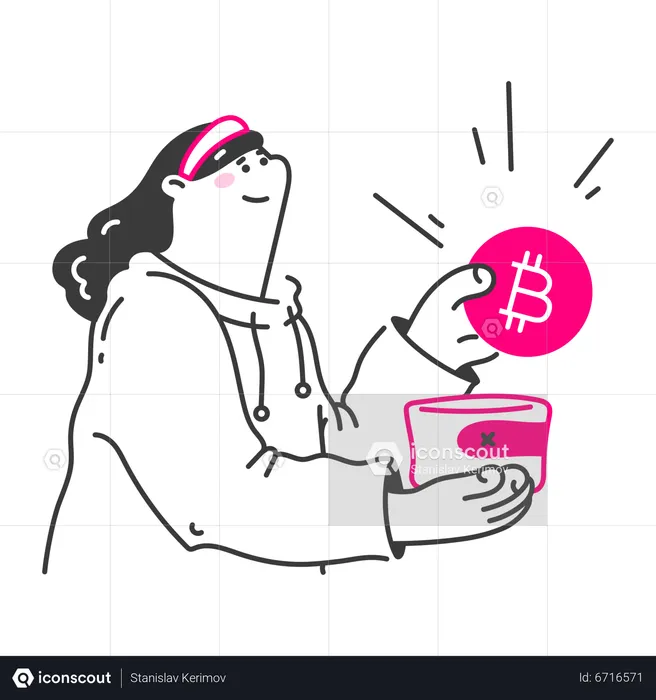 Mulher coloca bitcoin na carteira  Ilustração