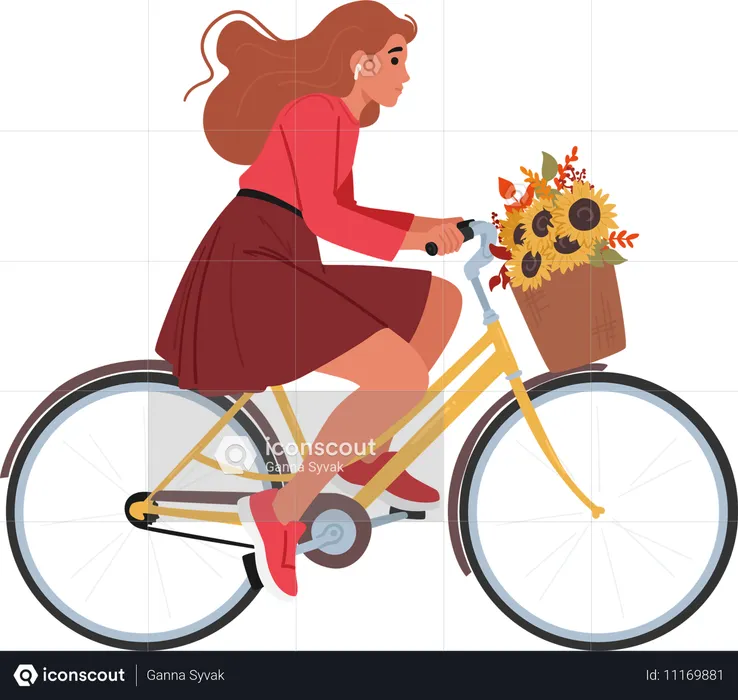 Mulher com cabelo longo andando de bicicleta enquanto carrega cesta de flores  Ilustração