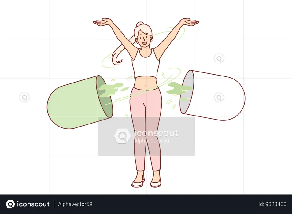 Mulher com cápsula gigante de vitaminas para desintoxicar o corpo e fortalecer o sistema imunológico  Ilustração