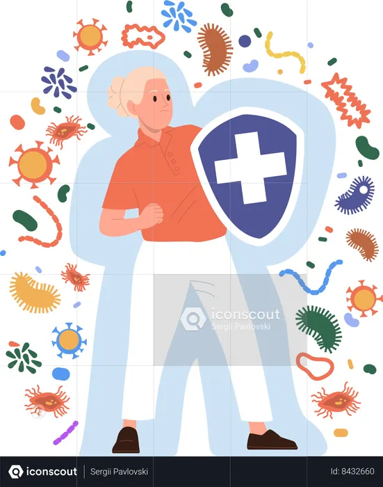 Mulher com escudo de imunidade lutando contra vírus  Ilustração