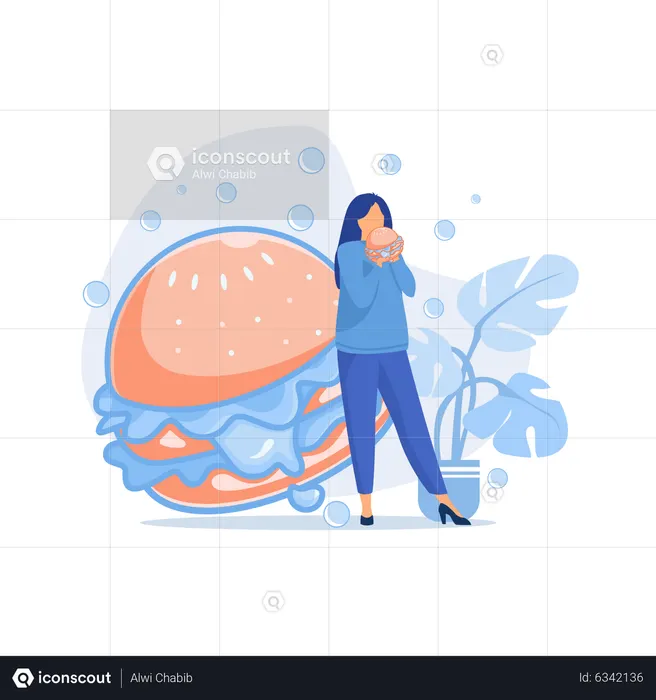 Mulher com fome comendo hambúrguer  Ilustração