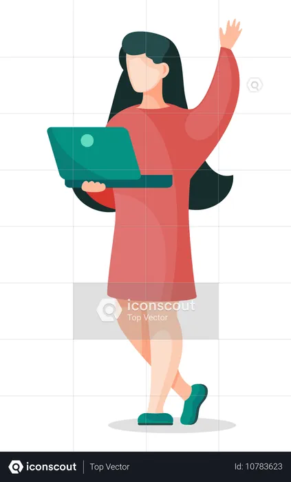 Mulher com laptop em vestido vermelho acenando com a mão  Ilustração