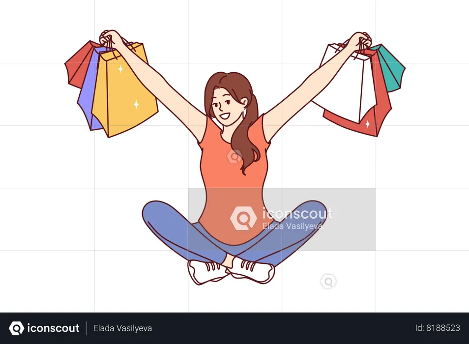 Mulher com pacotes de lojas de roupas sentada com os braços abertos após compras bem-sucedidas  Ilustração