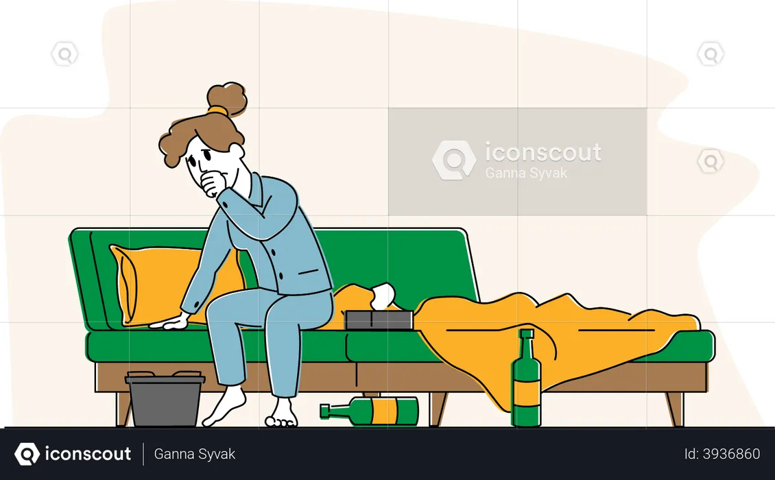 Mulher com síndrome de ressaca sentada na cama com garrafas de álcool vazias e uma bacia depois da festa  Ilustração