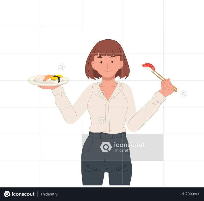 Mulher com sushi  Ilustração