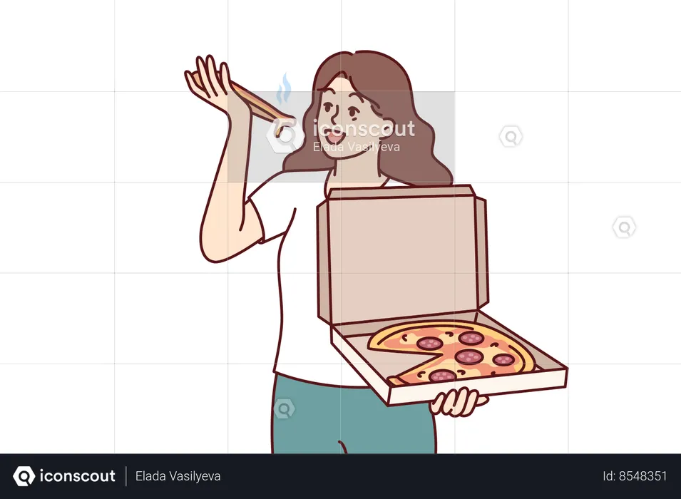 Mulher come pizza e segura caixa de aperitivos  Ilustração