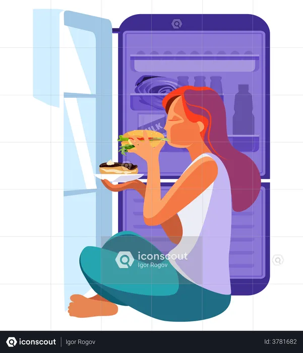 Mulher comendo hambúrguer à noite na geladeira  Illustration